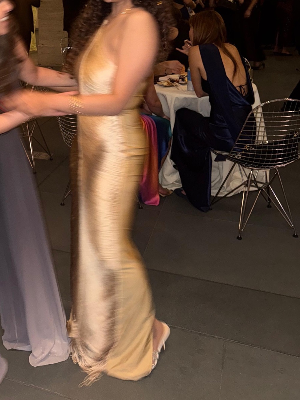 Golden gala dress, fringed gold satin gown